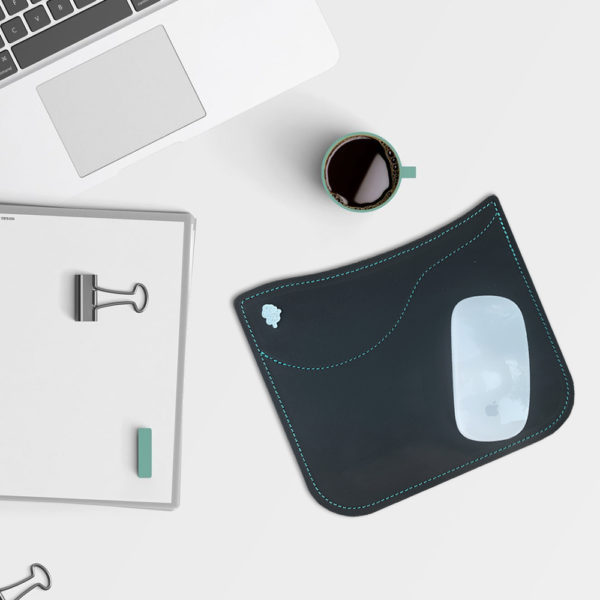 Black Luxury Leather Mouse Mat with Turquoise Stitch Desk